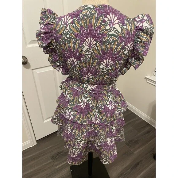 Marie Oliver Fiona Dress Sze XXS Purple Green Floral Cotton Vneck Ruffle Sleeve - Picture 3 of 9